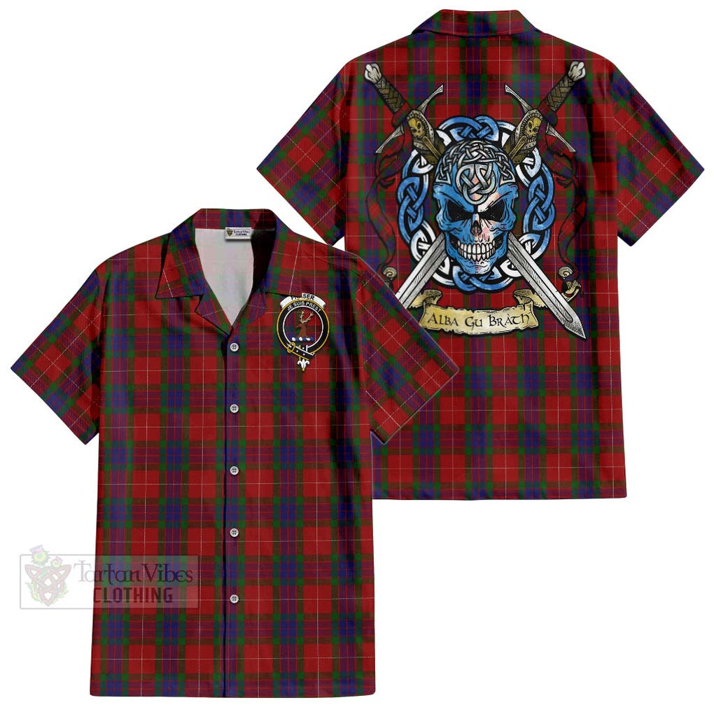 Tartan Vibes Clothing Fraser Tartan Short Sleeve Button Shirt with Family Crest Celtic Skull Style