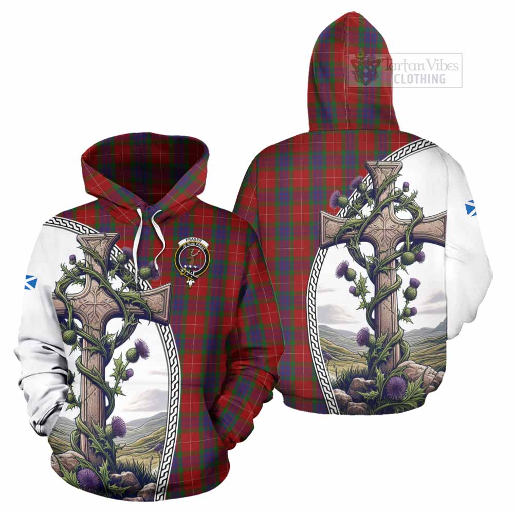 Tartan Vibes Clothing Fraser Tartan Hoodie with Family Crest and St. Andrew's Cross Accented by Thistle Vines