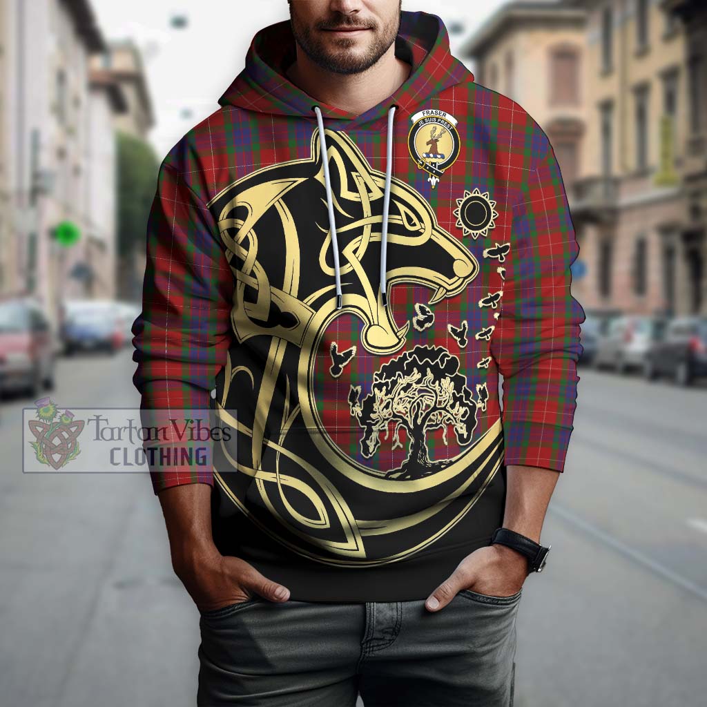 Tartan Vibes Clothing Fraser Tartan Hoodie with Family Crest Celtic Wolf Style