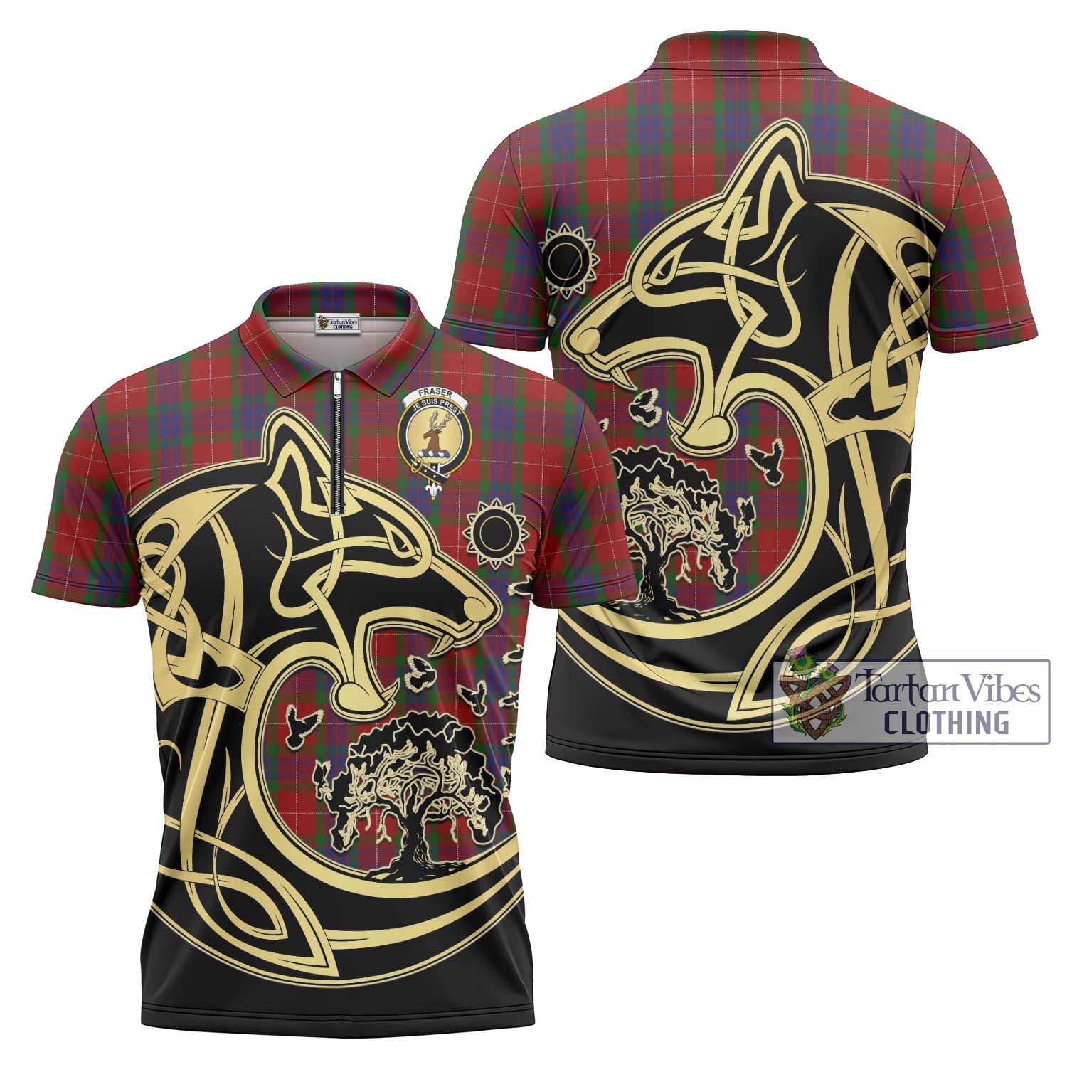 Fraser Tartan Zipper Polo Shirt with Family Crest Celtic Wolf Style Unisex - Tartanvibesclothing Shop