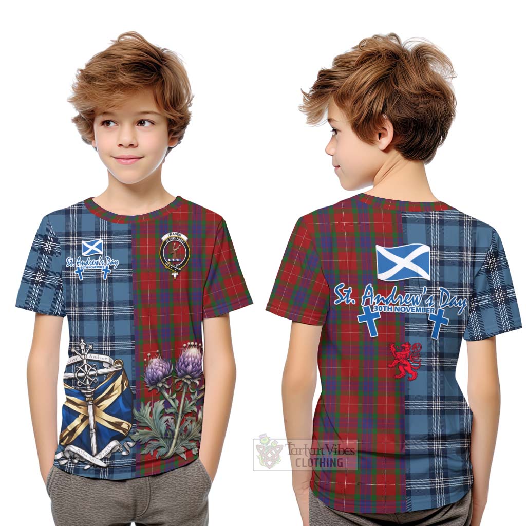 Tartan Vibes Clothing Fraser Tartan Kid T-Shirt Happy St. Andrew's Day Half Tartan Style