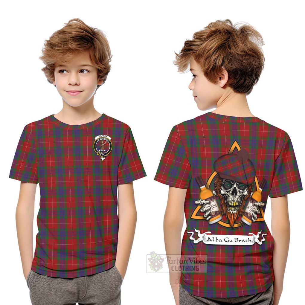 Tartan Vibes Clothing Fraser Tartan Kid T-Shirt with Family Crest and Bearded Skull Holding Bottles of Whiskey