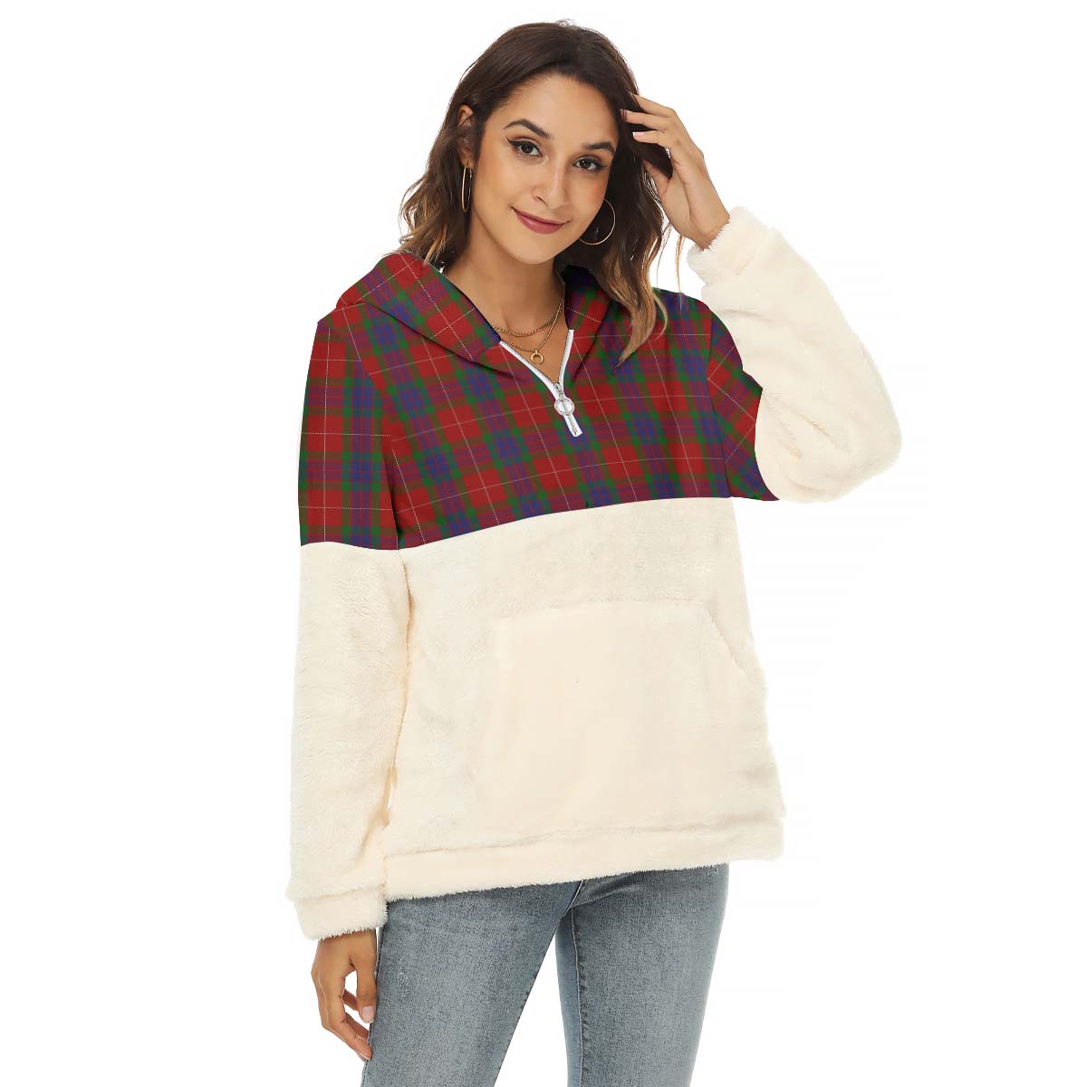 Fraser Tartan Women's Borg Fleece Hoodie With Half Zip Female - Tartan Vibes Clothing