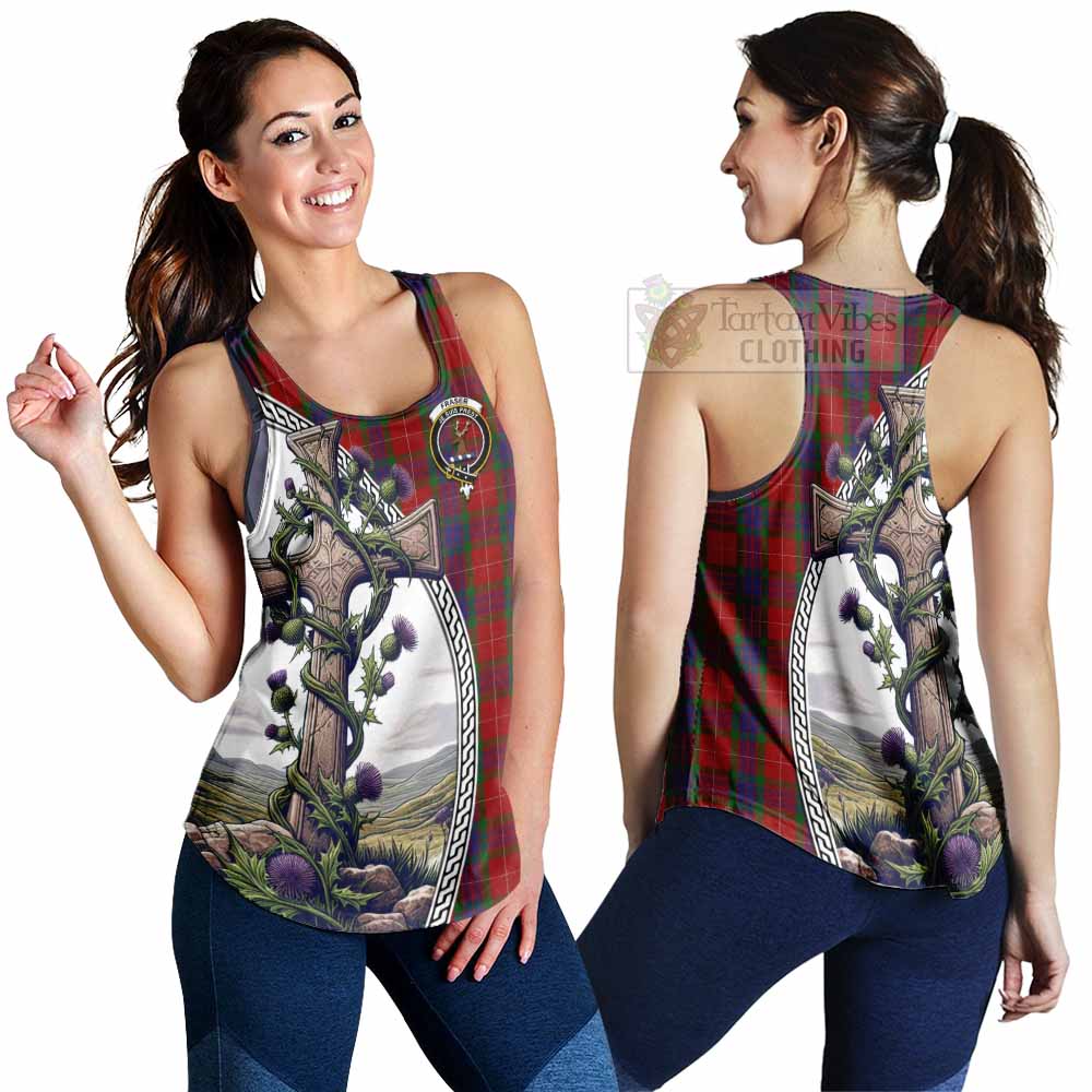 Tartan Vibes Clothing Fraser Tartan Women's Racerback Tanks with Family Crest and St. Andrew's Cross Accented by Thistle Vines