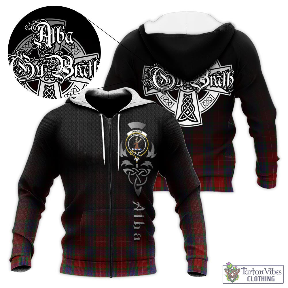 Tartan Vibes Clothing Fraser Tartan Knitted Hoodie Featuring Alba Gu Brath Family Crest Celtic Inspired