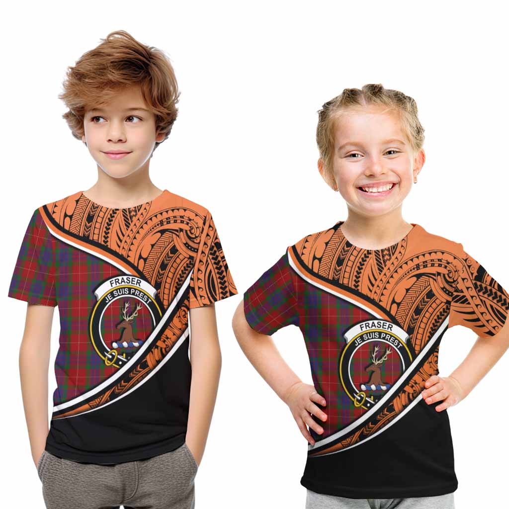 Tartan Vibes Clothing Fraser Crest Tartan Kid T-Shirt with Maori Tattoo Style - Orange Version