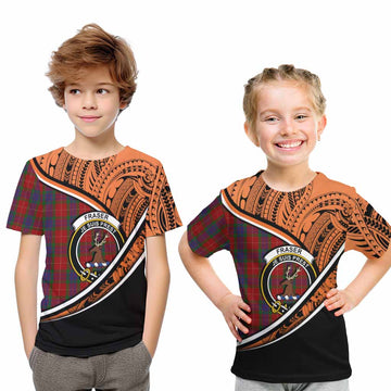 Fraser Crest Tartan Kid T-Shirt with Polynesian Vibes Style - Orange Version