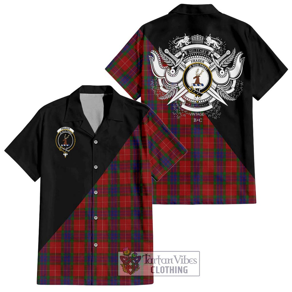 Fraser Tartan Short Sleeve Button Shirt with Family Crest and Military Logo Style Kid - Tartanvibesclothing Shop