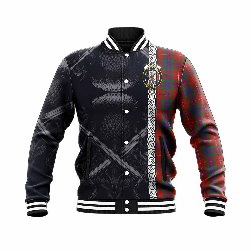 Tartan Vibes Clothing Fraser Tartan Baseball Jacket with Family Crest Cross Sword Thistle Celtic Vibes