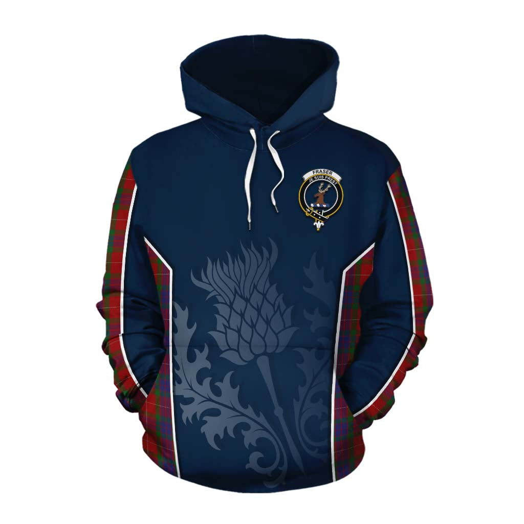 Tartan Vibes Clothing Fraser Tartan Cotton Hoodie with Family Crest and Scottish Thistle Vibes Sport Style