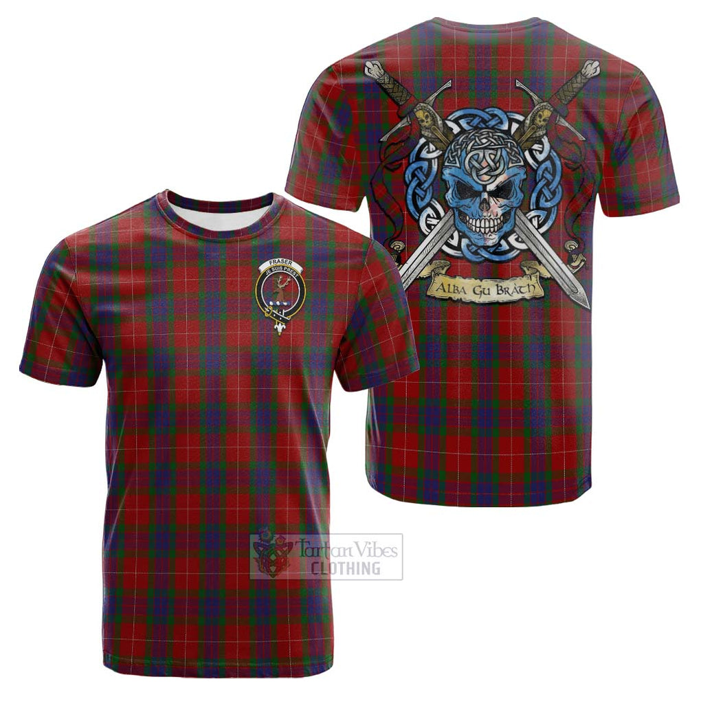 Tartan Vibes Clothing Fraser Tartan Cotton T-shirt with Family Crest Celtic Skull Style