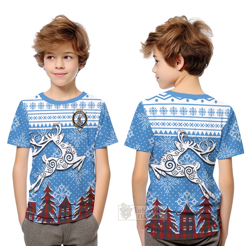 Tartan Vibes Clothing Fraser Clan Christmas Kid T-Shirt Celtic Reindeer Style