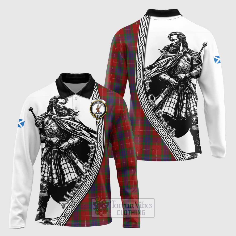 Tartan Vibes Clothing Fraser Tartan Clan Crest Long Sleeve Polo Shirt with Highlander Warrior Celtic Style