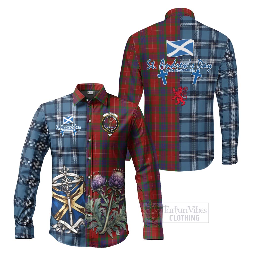 Tartan Vibes Clothing Fraser Tartan Long Sleeve Button Shirt Happy St. Andrew's Day Half Tartan Style