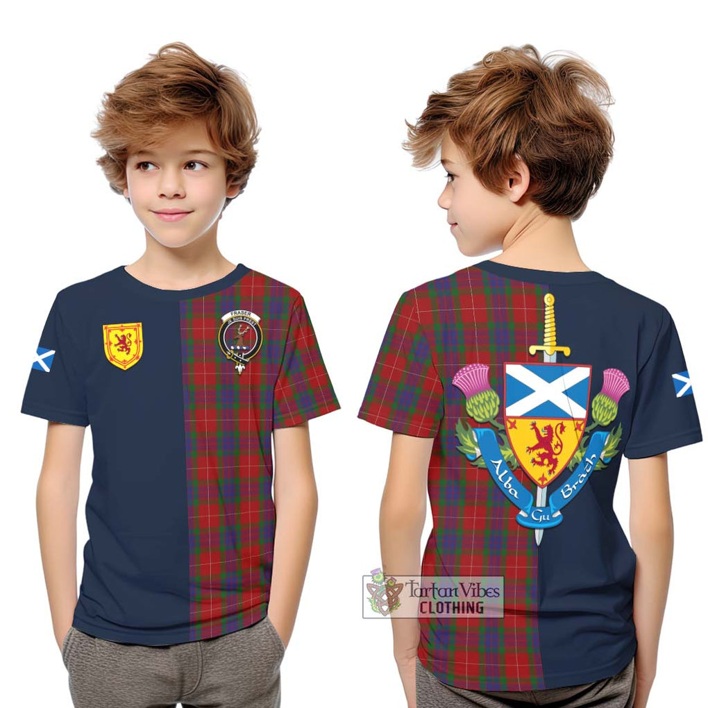 Tartan Vibes Clothing Fraser Tartan Kid T-Shirt with Scottish Lion Royal Arm Half Style