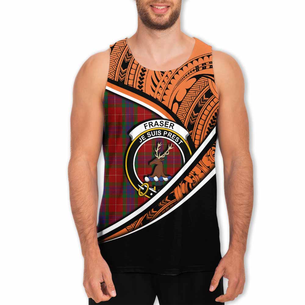 Tartan Vibes Clothing Fraser Crest Tartan Men's Tank Top with Maori Tattoo Style - Orange Version