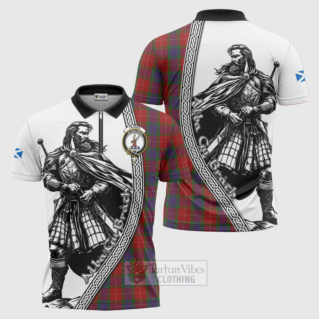 Tartan Vibes Clothing Fraser Tartan Clan Crest Zipper Polo Shirt with Highlander Warrior Celtic Style