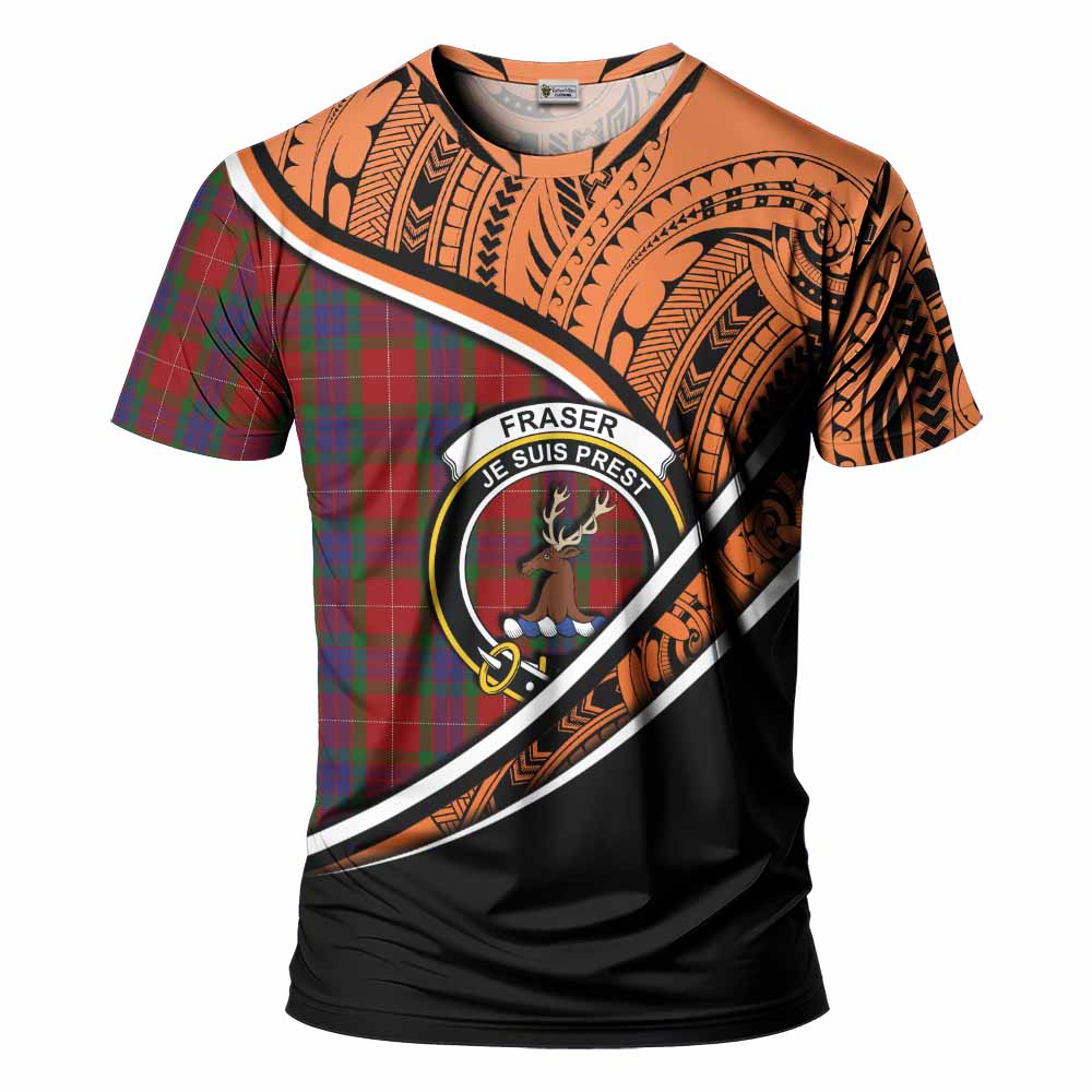 Tartan Vibes Clothing Fraser Crest Tartan T-Shirt with Maori Tattoo Style - Orange Version