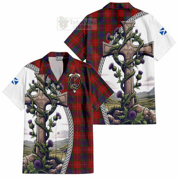 Fraser Tartan Short Sleeve Button Shirt with Family Crest and St. Andrew's Cross Accented by Thistle Vines