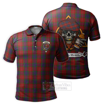 Fraser Tartan Polo Shirt with Family Crest and Bearded Skull Holding Bottles of Whiskey