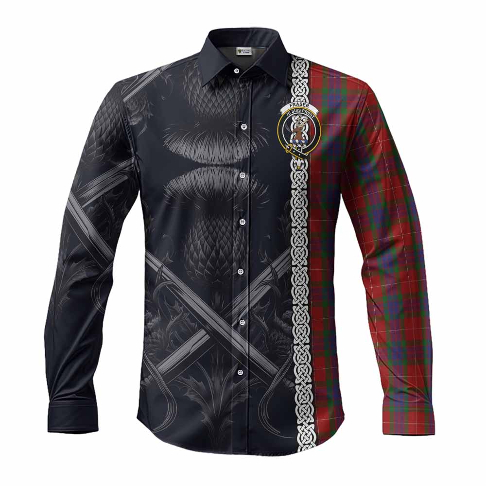 Tartan Vibes Clothing Fraser Tartan Long Sleeve Button Shirt with Family Crest Cross Sword Thistle Celtic Vibes