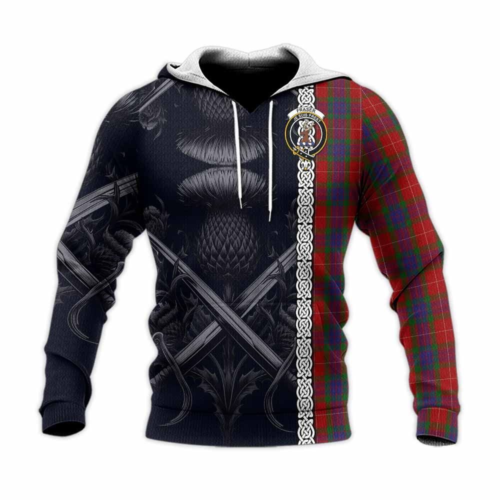 Tartan Vibes Clothing Fraser Tartan Knitted Hoodie with Family Crest Cross Sword Thistle Celtic Vibes