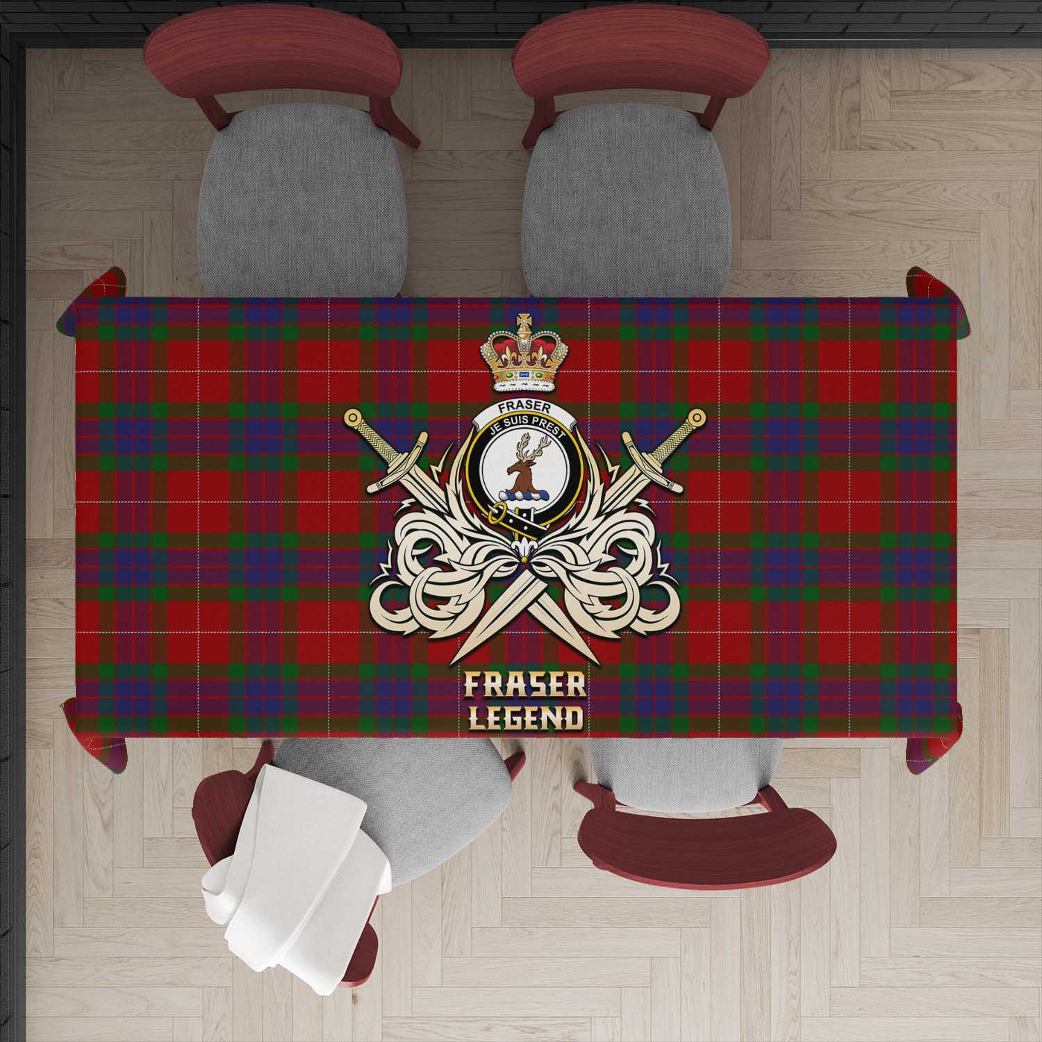 Tartan Vibes Clothing Fraser Tartan Tablecloth with Clan Crest and the Golden Sword of Courageous Legacy