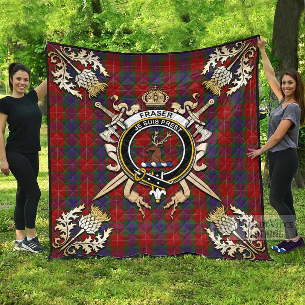 Tartan Vibes Clothing Fraser Tartan Quilt with Family Crest and Scottish Golden Courage Shield