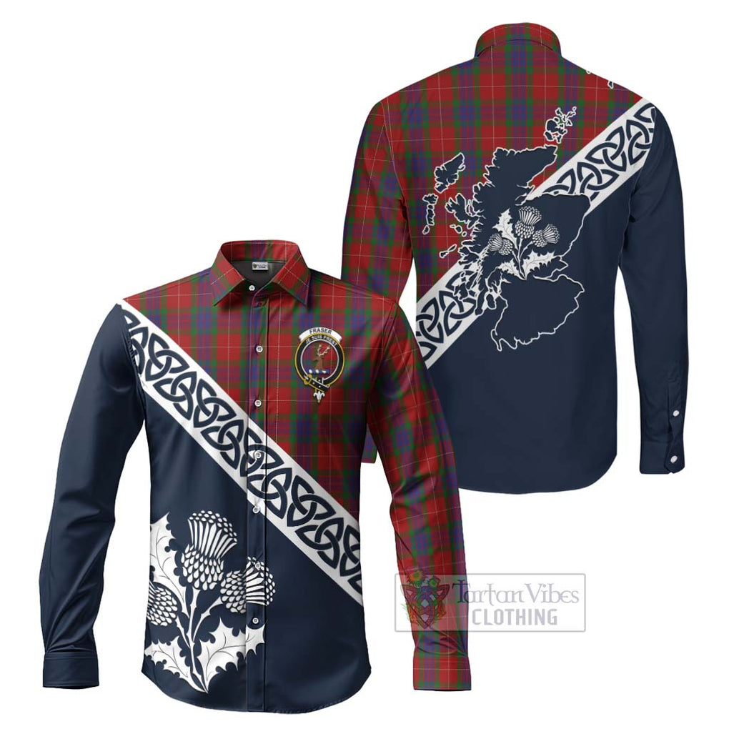 Tartan Vibes Clothing Fraser Tartan Long Sleeve Button Shirt Featuring Thistle and Scotland Map