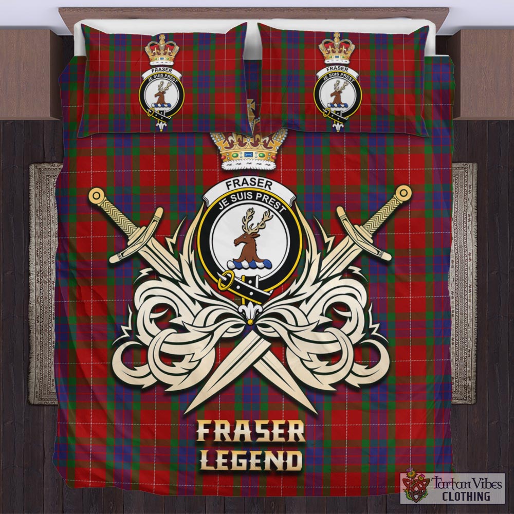 Tartan Vibes Clothing Fraser Tartan Bedding Set with Clan Crest and the Golden Sword of Courageous Legacy