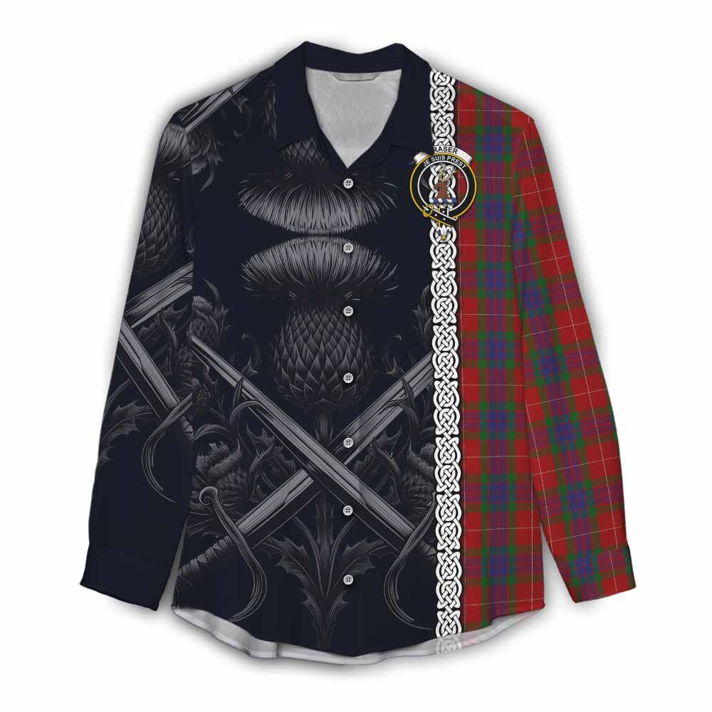 Tartan Vibes Clothing Fraser Tartan Women's Casual Shirt with Family Crest Cross Sword Thistle Celtic Vibes