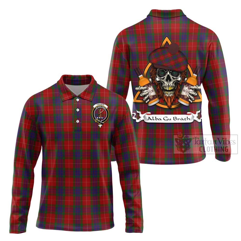 Tartan Vibes Clothing Fraser Tartan Long Sleeve Polo Shirt with Family Crest and Bearded Skull Holding Bottles of Whiskey