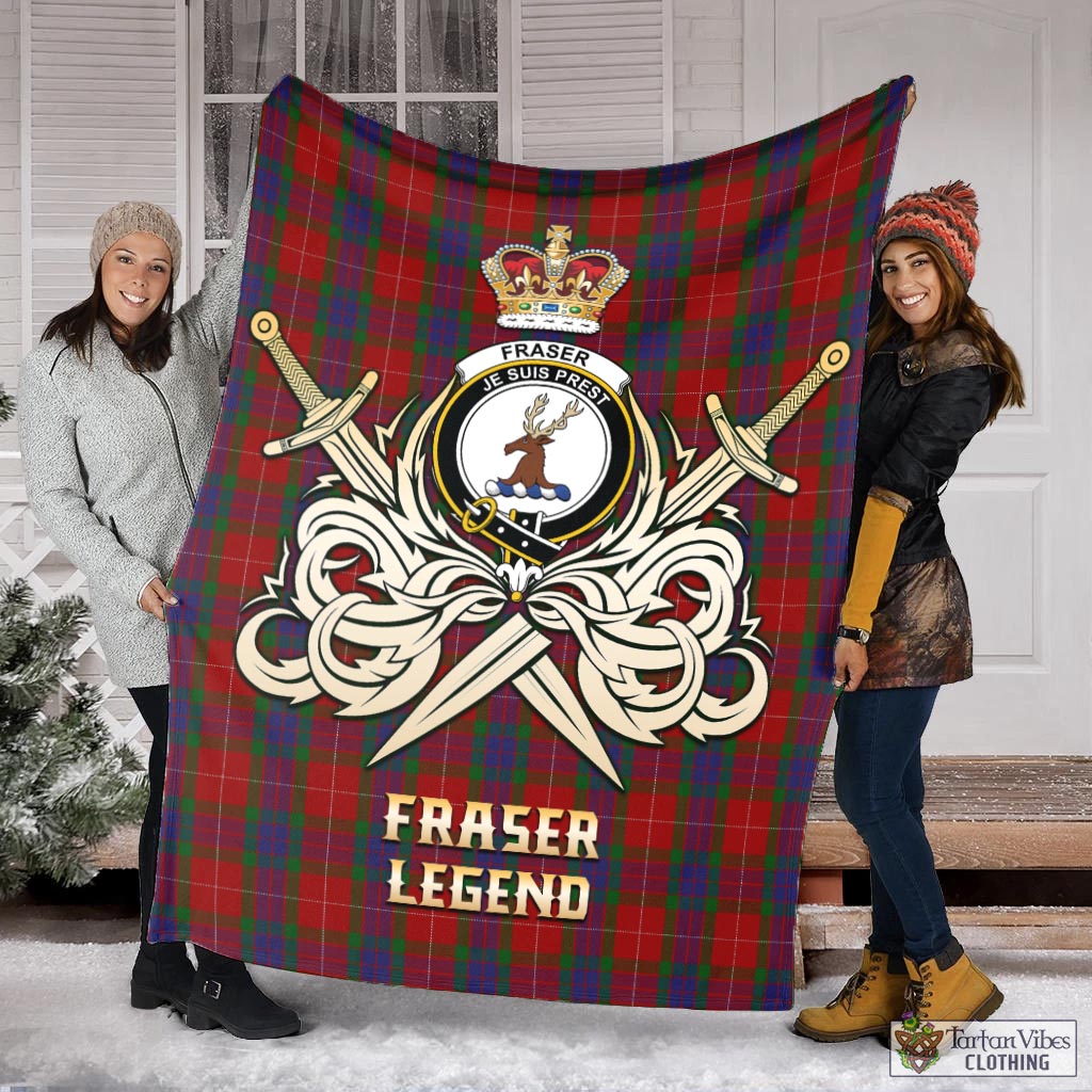 Tartan Vibes Clothing Fraser Tartan Blanket with Clan Crest and the Golden Sword of Courageous Legacy