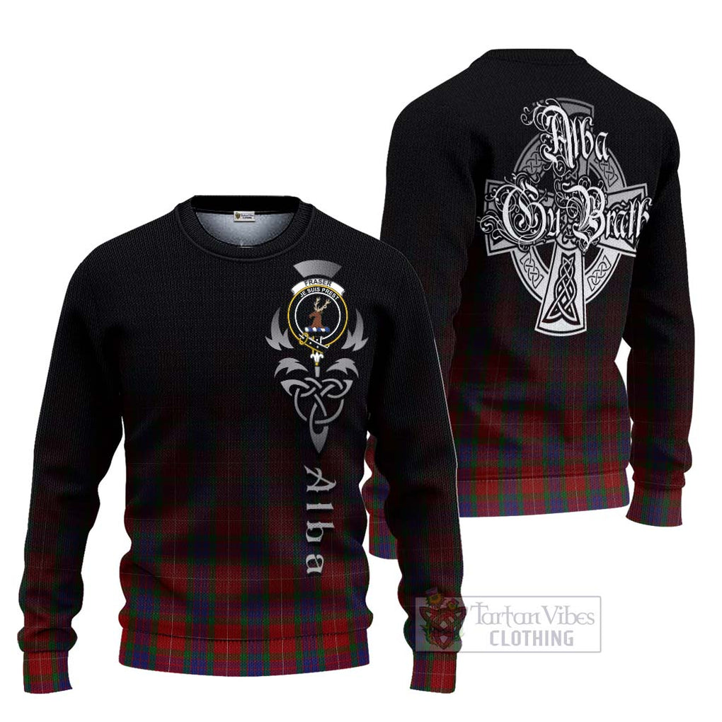 Tartan Vibes Clothing Fraser Tartan Knitted Sweater Featuring Alba Gu Brath Family Crest Celtic Inspired