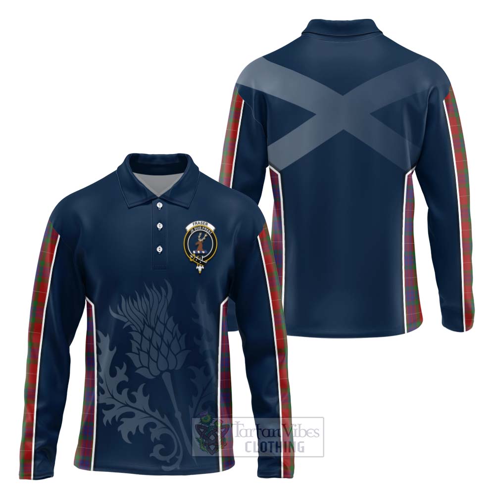 Tartan Vibes Clothing Fraser Tartan Long Sleeve Polo Shirt with Family Crest and Scottish Thistle Vibes Sport Style