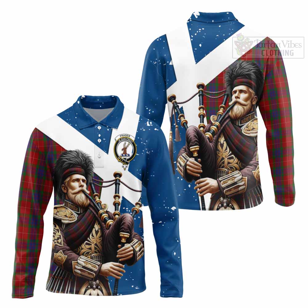 Tartan Vibes Clothing Fraser Tartan Long Sleeve Polo Shirt with Family Crest Scottish Bagpiper Vibes