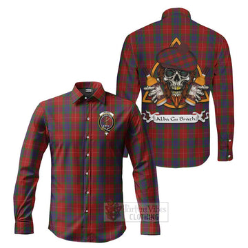 Fraser Tartan Long Sleeve Button Shirt with Family Crest and Bearded Skull Holding Bottles of Whiskey