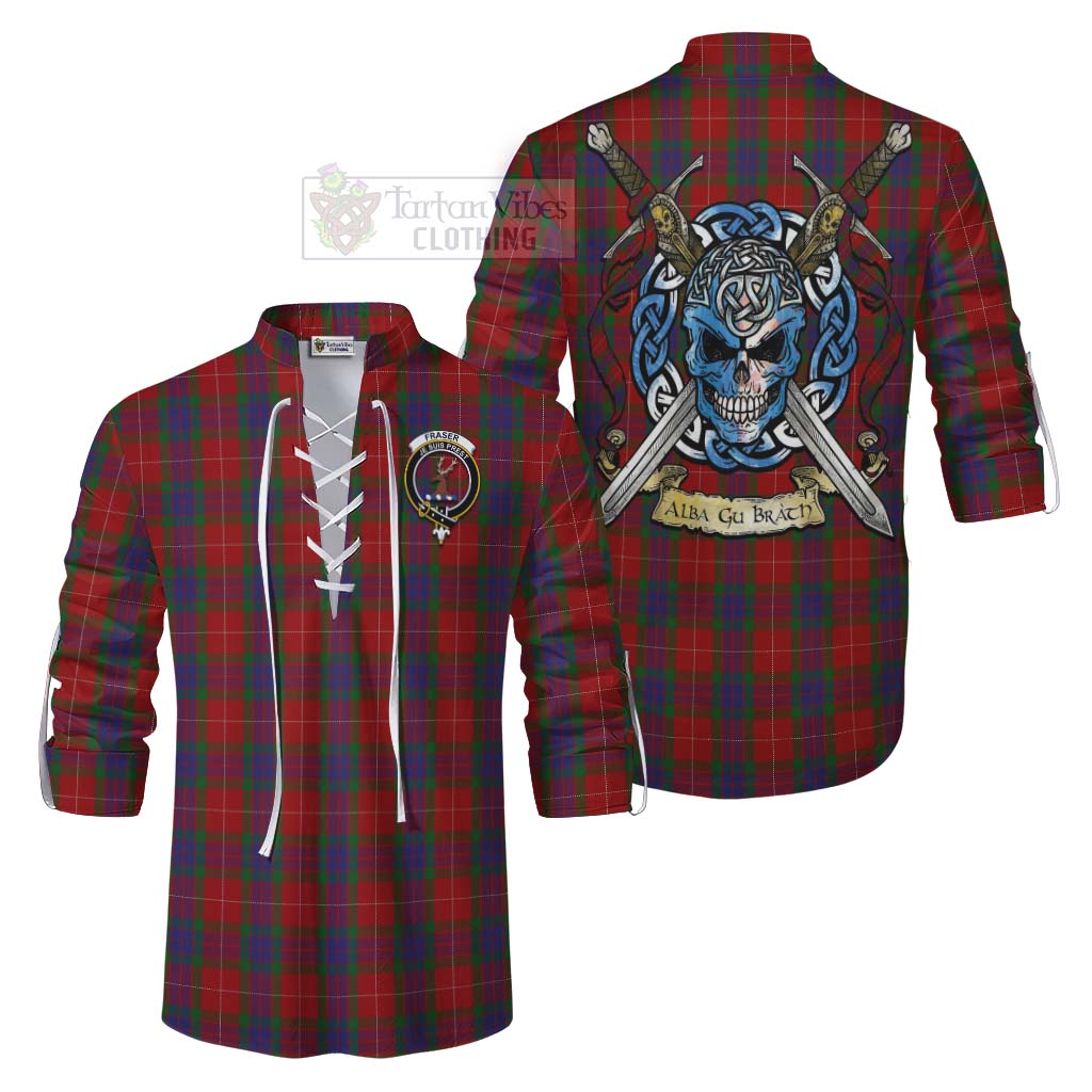 Tartan Vibes Clothing Fraser Tartan Ghillie Kilt Shirt with Family Crest Celtic Skull Style