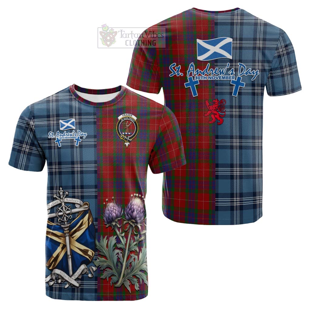 Tartan Vibes Clothing Fraser Tartan Cotton T-shirt Happy St. Andrew's Day Half Tartan Style