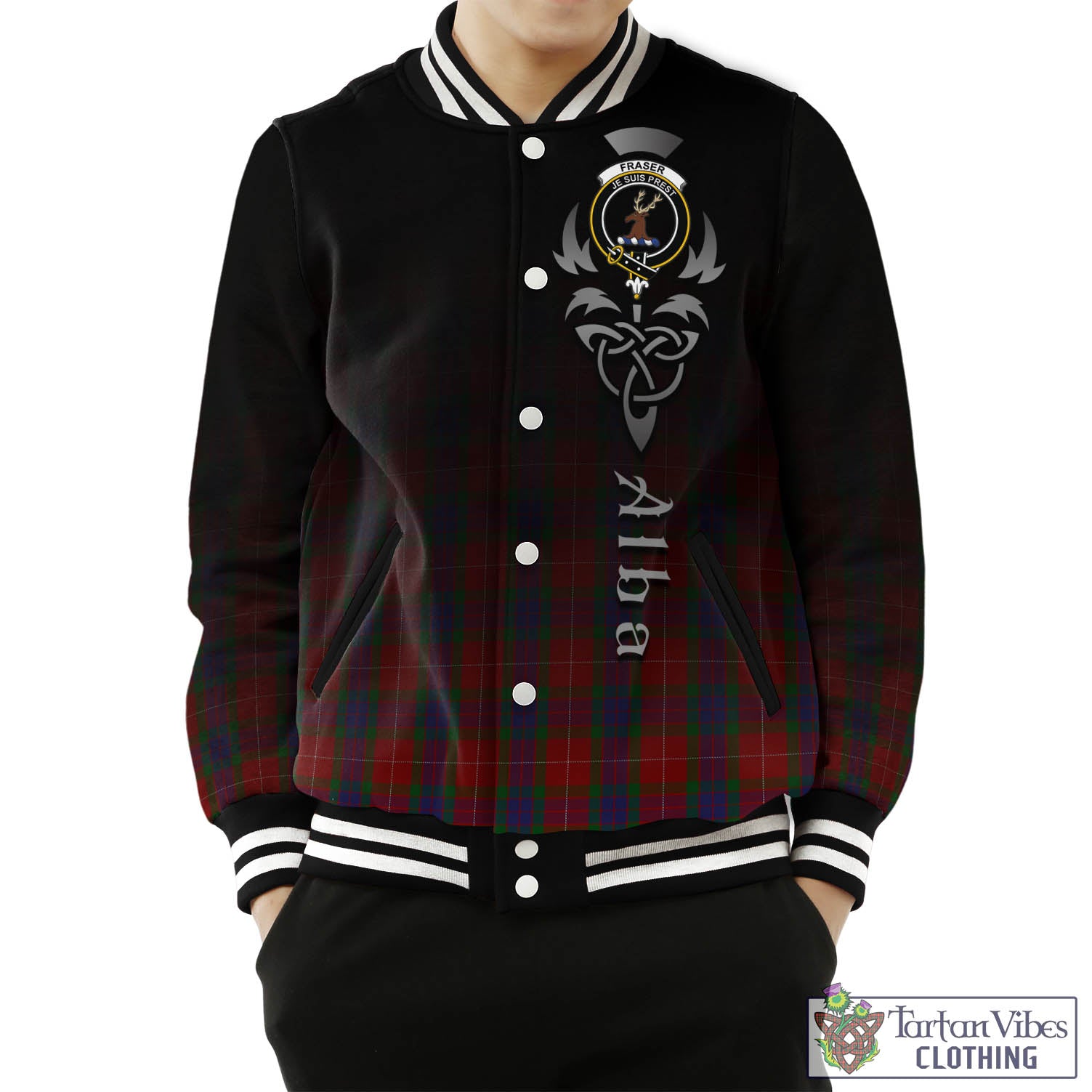 Tartan Vibes Clothing Fraser Tartan Baseball Jacket Featuring Alba Gu Brath Family Crest Celtic Inspired