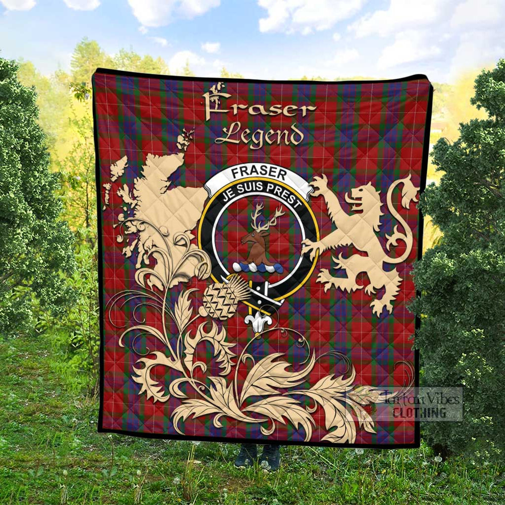 Tartan Vibes Clothing Fraser Tartan Quilt with Family Crest and Scottish Symbol Style