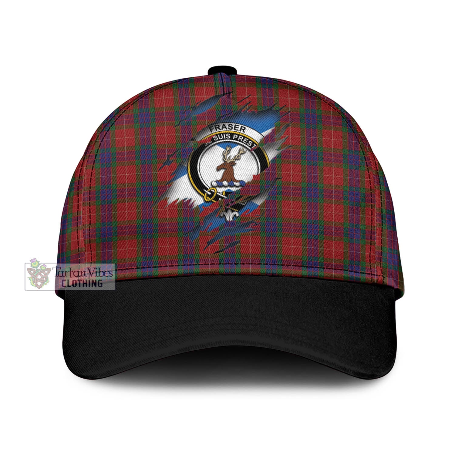 Tartan Vibes Clothing Fraser Tartan Classic Cap with Family Crest In Me Style