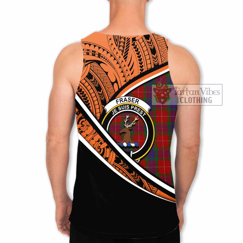 Tartan Vibes Clothing Fraser Crest Tartan Men's Tank Top with Maori Tattoo Style - Orange Version