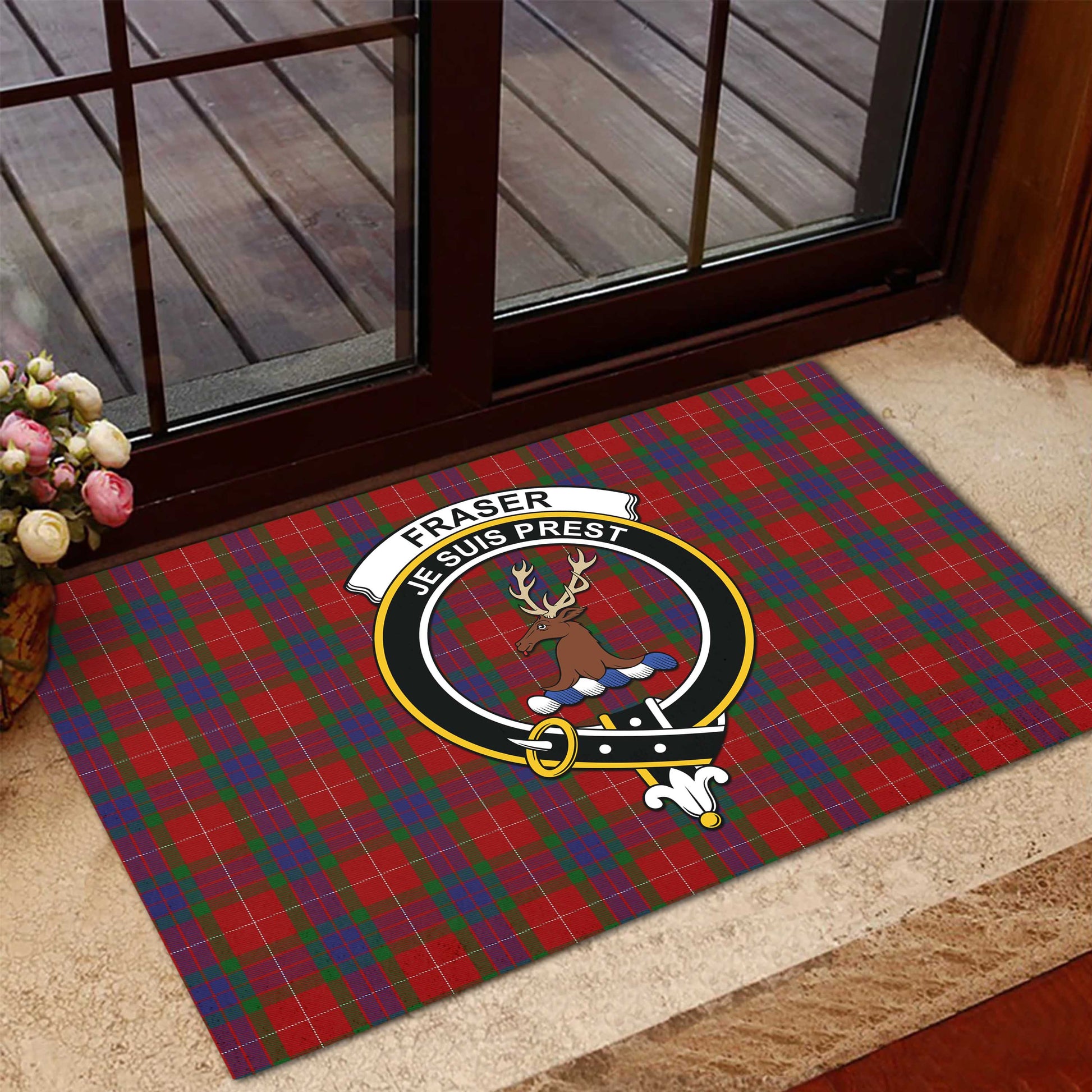 Fraser Tartan Door Mat with Family Crest - Tartanvibesclothing