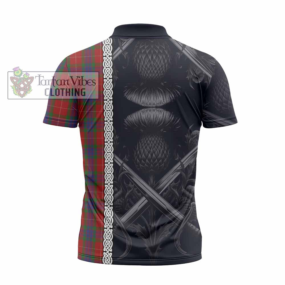 Tartan Vibes Clothing Fraser Tartan Zipper Polo Shirt with Family Crest Cross Sword Thistle Celtic Vibes