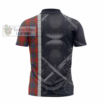 Fraser Tartan Zipper Polo Shirt with Family Crest Cross Sword Thistle Celtic Vibes