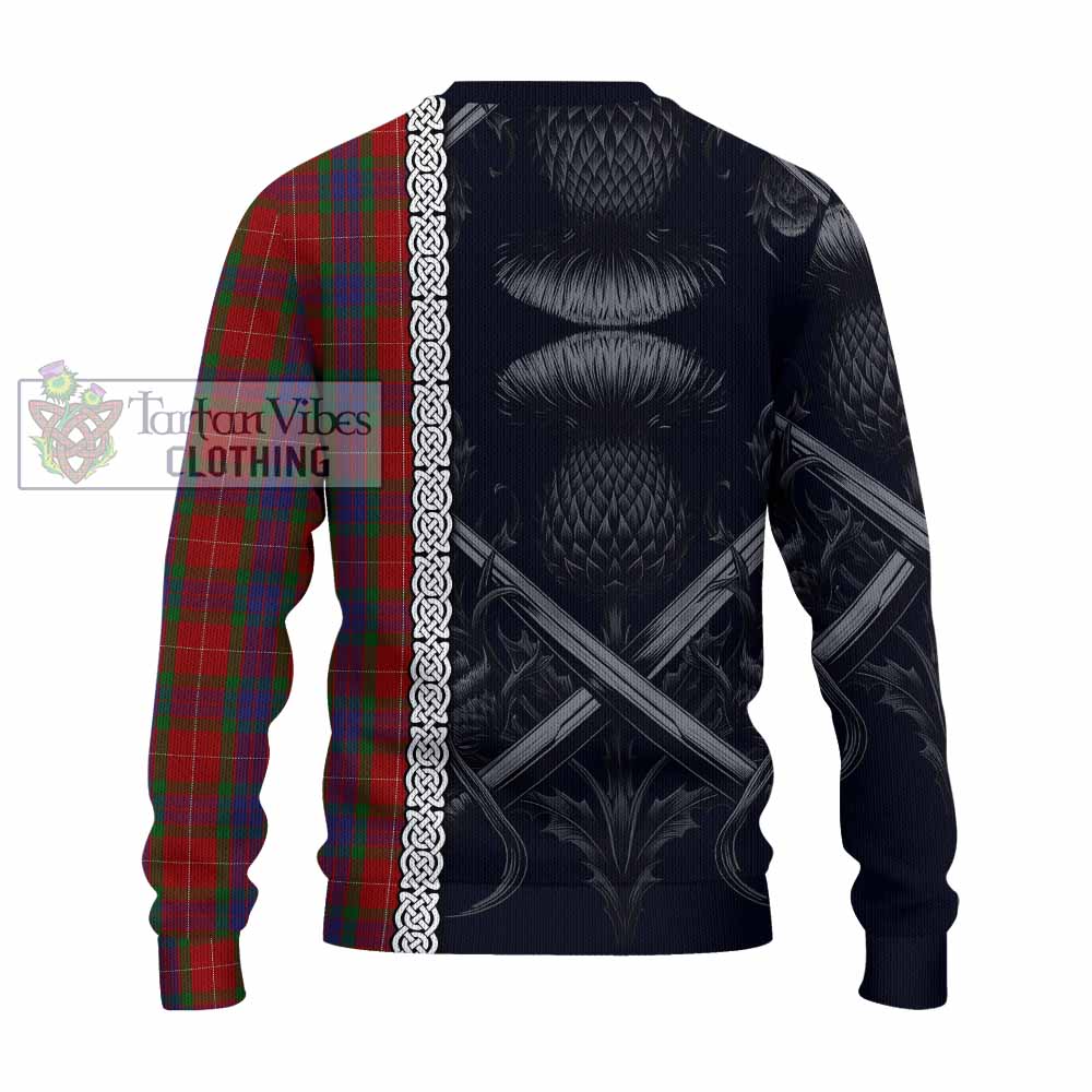 Tartan Vibes Clothing Fraser Tartan Knitted Sweater with Family Crest Cross Sword Thistle Celtic Vibes