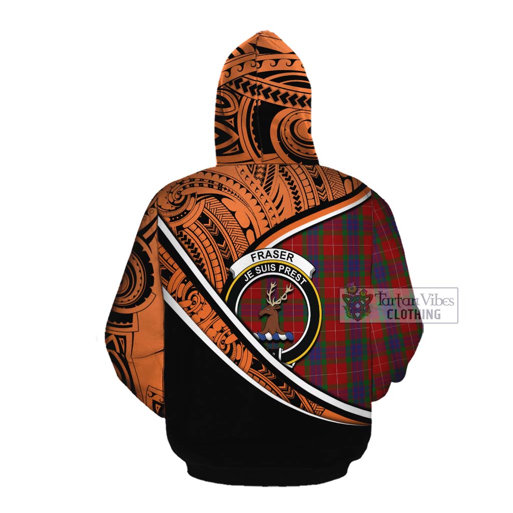 Tartan Vibes Clothing Fraser Crest Tartan Cotton Hoodie with Maori Tattoo Style - Orange Version