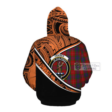 Fraser Crest Tartan Cotton Hoodie with Polynesian Vibes Style - Orange Version