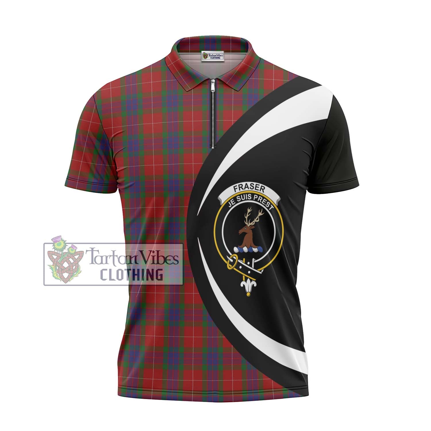 Tartan Vibes Clothing Fraser Tartan Zipper Polo Shirt with Family Crest Circle Style